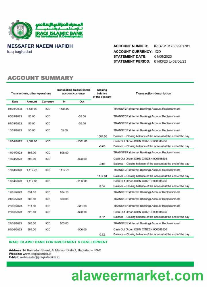 Iraq Islamic Bank For Investment & Development bank statement Excel and PDF template